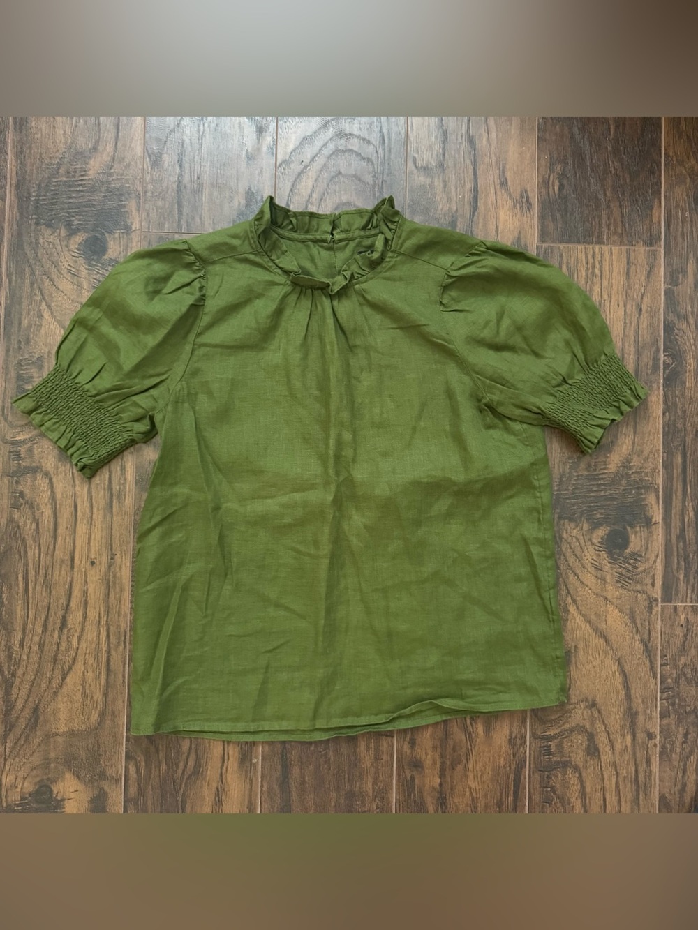 J. Crew Small Green Smocked puff-sleeve linen top